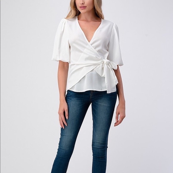 White Front Wrap Short Sleeve Top - Picture 3 of 5